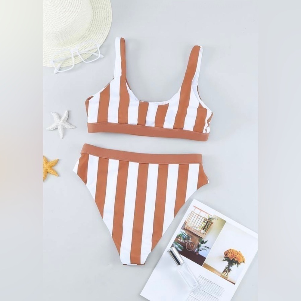 NWT BROWN WHITE ATHLETIC STRIPED TANK HIGH WAISTED BIKINI | 2 Piece Swimsuit - Picture 2 of 12